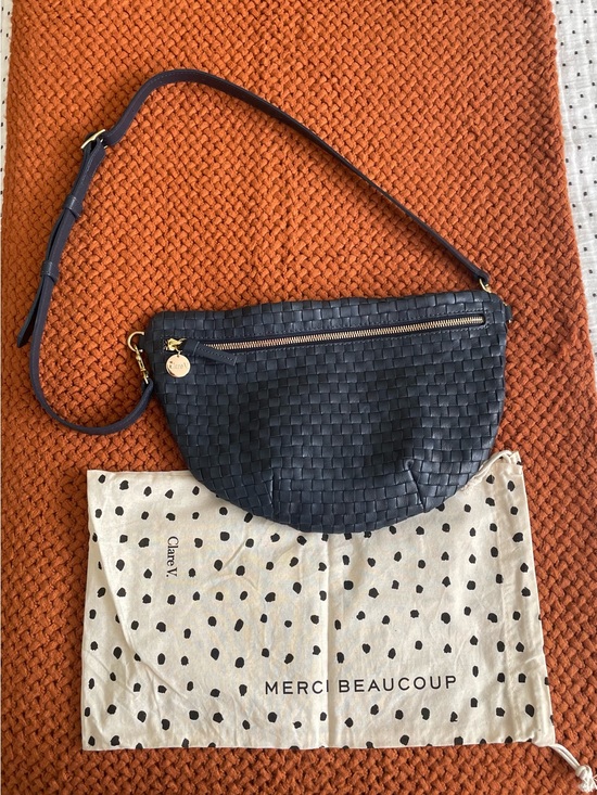 Clare V Handbags - Clare V Navy Woven Crescent Crossbody with Gold Charm